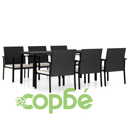 Градински трапезен комплект, 7 части, полиратан, черен ➤ топ цена ➤ sorbe.bg