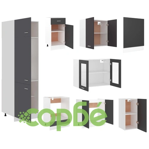 Комплект кухненски шкафове от 8 части, сив, ПДЧ ➤ топ цена ➤ sorbe.bg