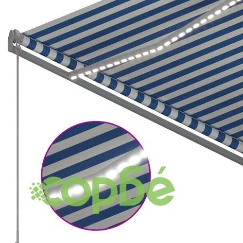 Ръчно прибираща се тента с LED, 300x250 см, синьо и бяло ➤ топ цена ➤ sorbe.bg