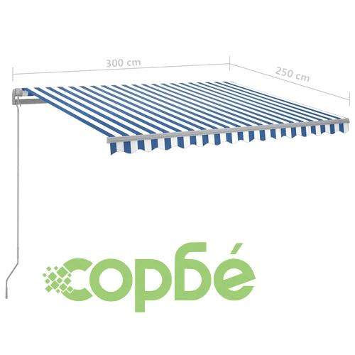 Ръчно прибираща се тента с LED, 300x250 см, синьо и бяло ➤ топ цена ➤ sorbe.bg