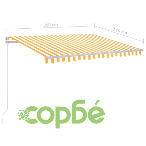 Ръчно прибираща се тента с LED, 300x250 см, жълто и бяло ➤ топ цена ➤ sorbe.bg