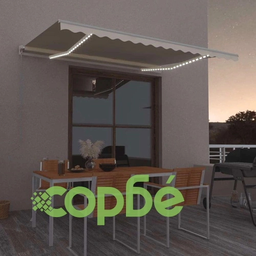 Ръчно прибиращ се сенник с LED, 400x300 см, кремав ➤ топ цена ➤ sorbe.bg