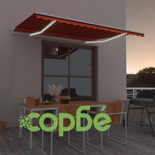 Ръчно прибираща се тента с LED, 450x300 cм, оранжево и кафяво ➤ топ цена ➤ sorbe.bg