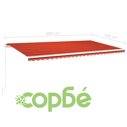 Ръчно прибиращ се сенник с LED, 600x300 см, оранжево и кафяво ➤ топ цена ➤ sorbe.bg