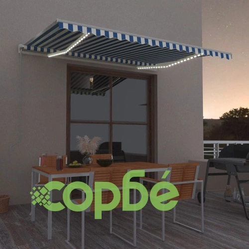 Автоматичен сенник LED сензор за вятър 450x350 см синьо и бяло ➤ топ цена ➤ sorbe.bg