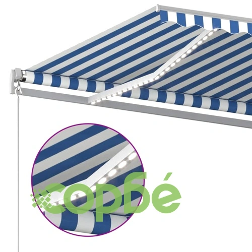 Ръчно прибиращ се сенник с LED, 500x350 см, синьо и бяло ➤ топ цена ➤ sorbe.bg