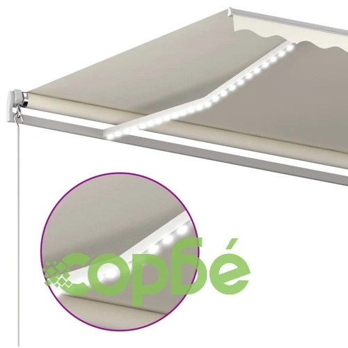 Ръчно прибиращ се сенник с LED, 500x350 см, кремав ➤ топ цена ➤ sorbe.bg