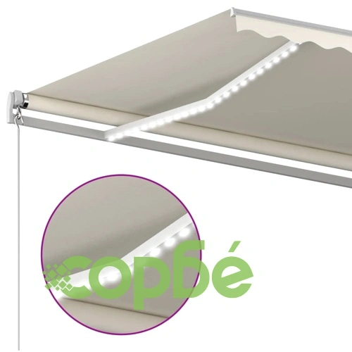 Ръчно прибиращ се сенник с LED, 600x350 см, кремав ➤ топ цена ➤ sorbe.bg