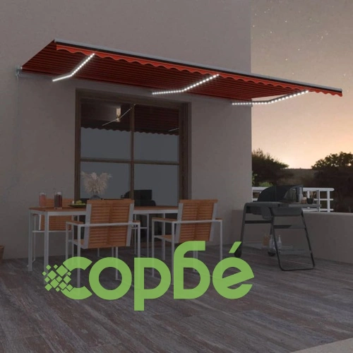 Ръчно прибиращ се сенник с LED, 600x350 см, оранжево и кафяво ➤ топ цена ➤ sorbe.bg