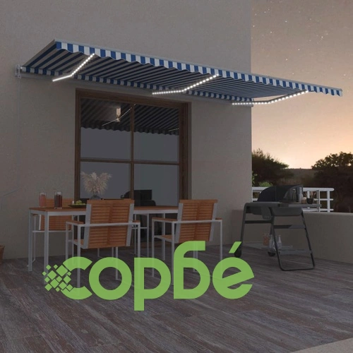 Автоматичен сенник LED сензор за вятър 600x350 см синьо и бяло ➤ топ цена ➤ sorbe.bg