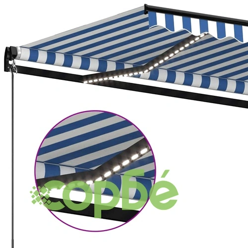Ръчно прибиращ се сенник с LED, 350x250 см, синьо и бяло ➤ топ цена ➤ sorbe.bg