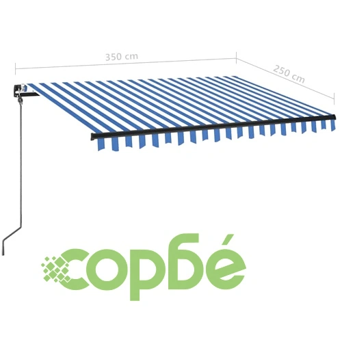 Ръчно прибиращ се сенник с LED, 350x250 см, синьо и бяло ➤ топ цена ➤ sorbe.bg