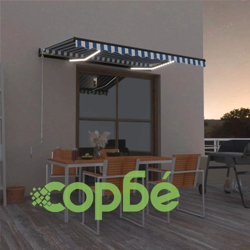 Ръчно прибиращ се сенник с LED, 400x300 см, синьо и бяло ➤ топ цена ➤ sorbe.bg