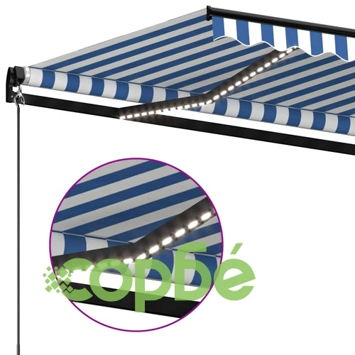 Ръчно прибиращ се сенник с LED, 450x300 см, синьо и бяло ➤ топ цена ➤ sorbe.bg
