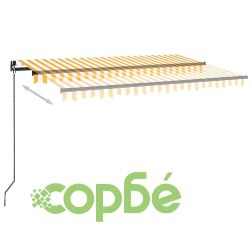 Ръчно прибиращ се сенник с LED, 450x300 см, жълто и бяло ➤ топ цена ➤ sorbe.bg