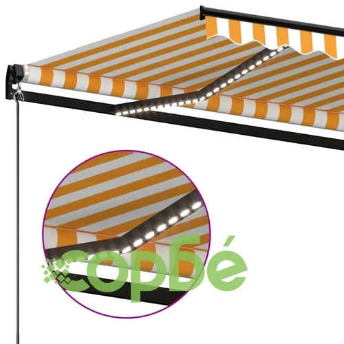Ръчно прибиращ се сенник с LED, 450x300 см, жълто и бяло ➤ топ цена ➤ sorbe.bg