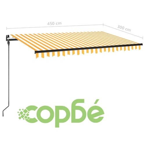 Ръчно прибиращ се сенник с LED, 450x300 см, жълто и бяло ➤ топ цена ➤ sorbe.bg