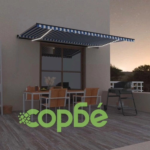 Ръчно прибиращ се сенник с LED, 500x300 см, синьо и бяло ➤ топ цена ➤ sorbe.bg