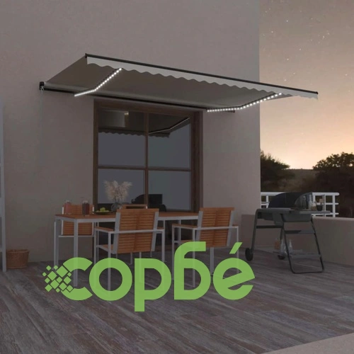 Ръчно прибиращ се сенник с LED, 500x300 см, кремав ➤ топ цена ➤ sorbe.bg