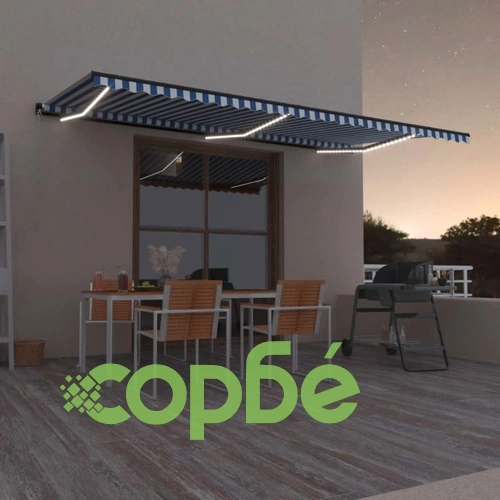 Ръчно прибиращ се сенник с LED, 600x300 см, синьо и бяло ➤ топ цена ➤ sorbe.bg