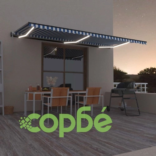 Автоматичен сенник LED сензор за вятър 600x300 см синьо и бяло ➤ топ цена ➤ sorbe.bg