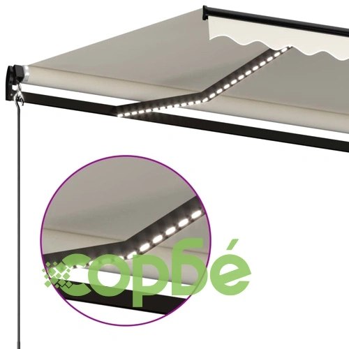 Ръчно прибиращ се сенник с LED, 400x350 см, кремав ➤ топ цена ➤ sorbe.bg