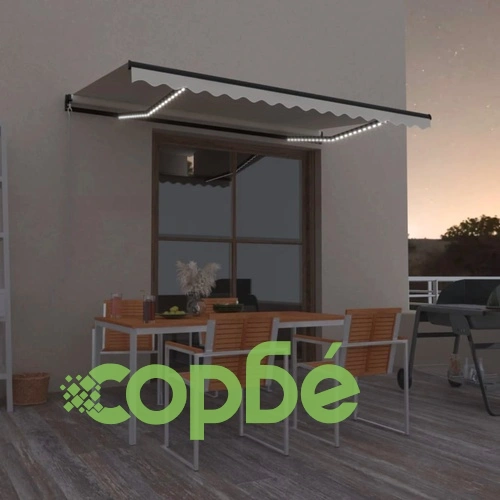 Ръчно прибиращ се сенник с LED, 400x350 см, кремав ➤ топ цена ➤ sorbe.bg