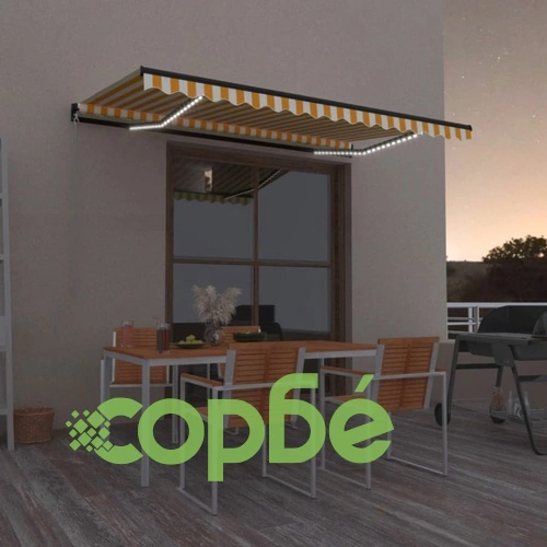 Ръчно прибиращ се сенник с LED, 400x350 см, жълто и бяло ➤ топ цена ➤ sorbe.bg