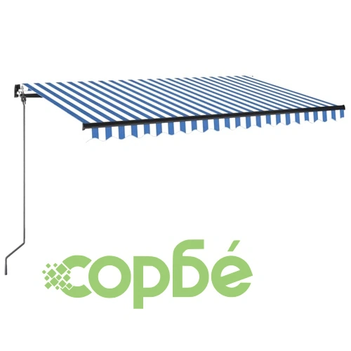 Ръчно прибиращ се сенник с LED, 450x350 см, синьо и бяло ➤ топ цена ➤ sorbe.bg