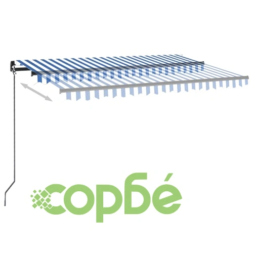 Ръчно прибиращ се сенник с LED, 450x350 см, синьо и бяло ➤ топ цена ➤ sorbe.bg