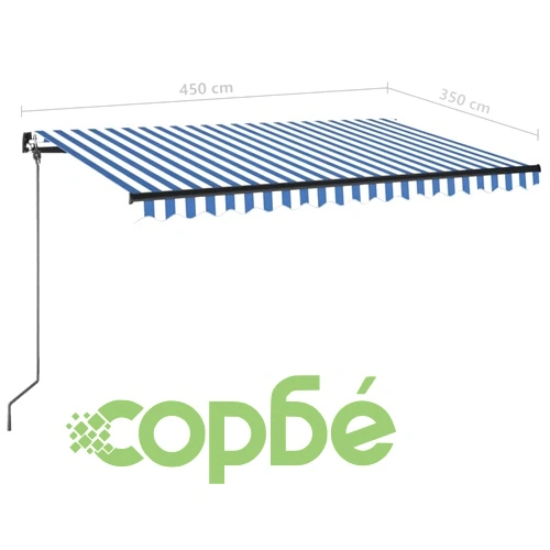 Ръчно прибиращ се сенник с LED, 450x350 см, синьо и бяло ➤ топ цена ➤ sorbe.bg