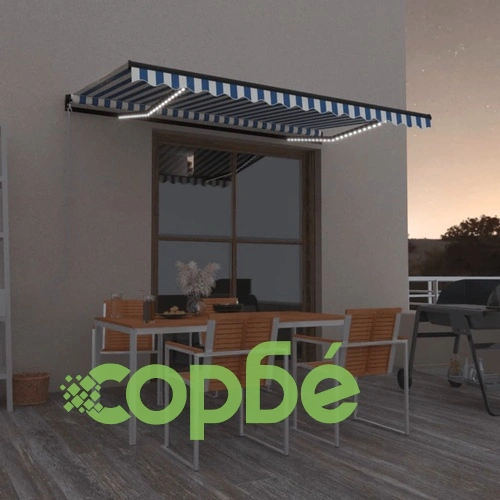 Ръчно прибиращ се сенник с LED, 450x350 см, синьо и бяло ➤ топ цена ➤ sorbe.bg