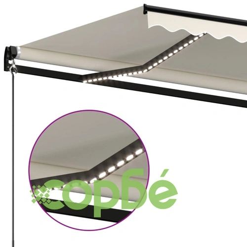 Ръчно прибиращ се сенник с LED, 450x350 см, кремав ➤ топ цена ➤ sorbe.bg