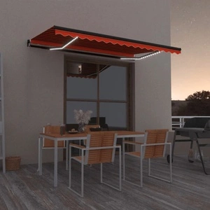 Ръчно прибираща се тента с LED, 450x350 см, оранжево и кафяво