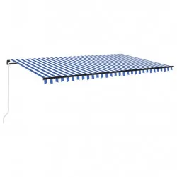 Ръчно прибиращ се сенник с LED, 500x350 см, синьо и бяло