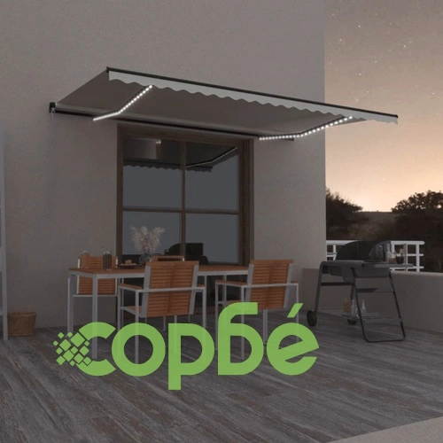Ръчно прибиращ се сенник с LED, 500x350 см, кремав ➤ топ цена ➤ sorbe.bg