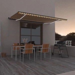 Ръчно прибиращ се сенник с LED, 500x350 см, жълто и бяло