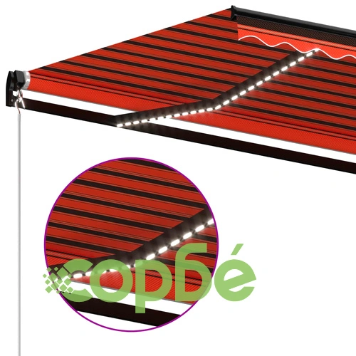 Ръчно прибираща се тента с LED, 500x350 cм, оранжево и кафяво ➤ топ цена ➤ sorbe.bg