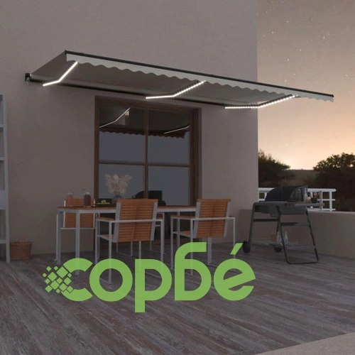 Ръчно прибиращ се сенник с LED, 600x350 см, кремав ➤ топ цена ➤ sorbe.bg