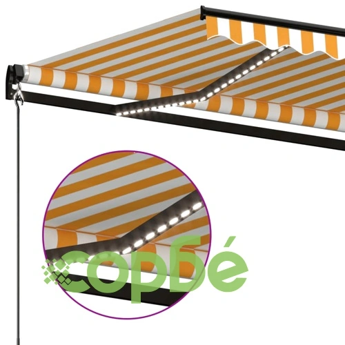 Ръчно прибиращ се сенник с LED, 600x350 см, жълто и бяло ➤ топ цена ➤ sorbe.bg