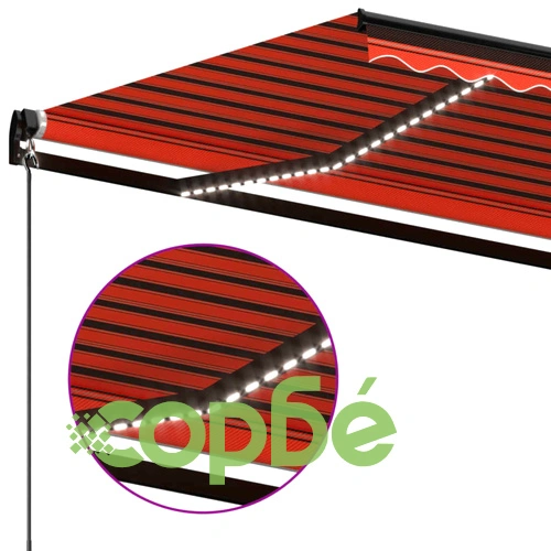 Ръчно прибиращ се сенник с LED, 600x350 см, оранжево и кафяво ➤ топ цена ➤ sorbe.bg