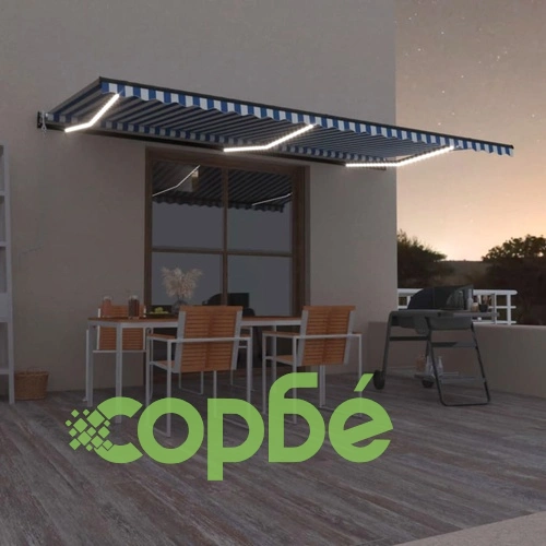 Автоматичен сенник LED сензор за вятър 600x350 см синьо и бяло ➤ топ цена ➤ sorbe.bg