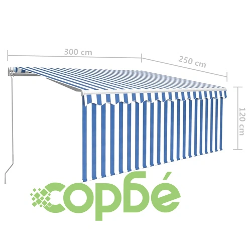 Ръчно прибиращ се сенник с щора и LED, 3x2,5 м, синьо и бяло   ➤ топ цена ➤ sorbe.bg