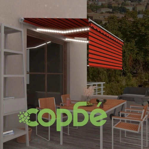 Ръчно прибиращ се сенник с щора и LED, 3x2,5 м, оранжево/кафяво   ➤ топ цена ➤ sorbe.bg