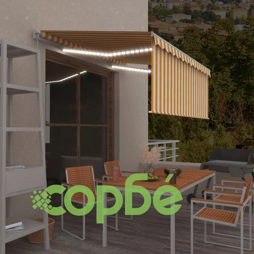 Ръчно прибиращ се сенник с щора и LED 3,5x2,5 м жълто и бяло   ➤ топ цена ➤ sorbe.bg
