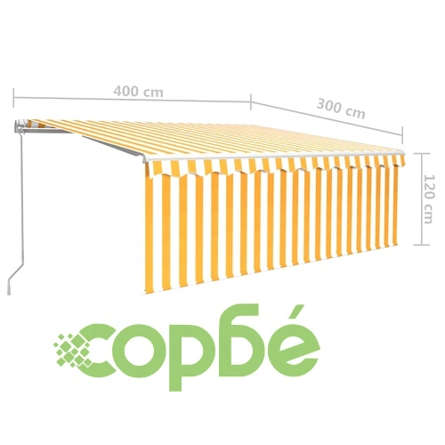 Ръчно прибиращ се сенник с щора и LED, 4x3 м, жълто и бяло ➤ топ цена ➤ sorbe.bg