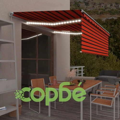 Ръчно прибиращ се сенник с щора и LED, 4x3 м, оранжево-кафяв ➤ топ цена ➤ sorbe.bg
