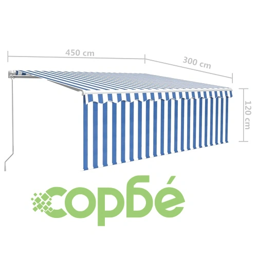 Ръчно прибиращ се сенник с щора и LED, 4,5x3 м, синьо и бяло ➤ топ цена ➤ sorbe.bg
