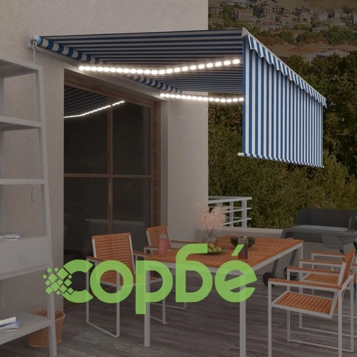Ръчно прибиращ се сенник с щора и LED, 4,5x3 м, синьо и бяло ➤ топ цена ➤ sorbe.bg