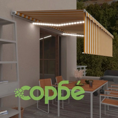 Ръчно прибиращ се сенник с щора и LED, 5x3 м, жълто и бяло ➤ топ цена ➤ sorbe.bg